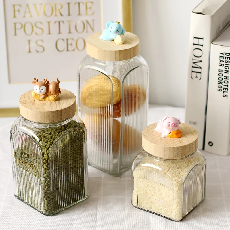 

Cute Animal Wood Cover Striped Glass Storage Jar Coffee Bean Tea Can Miscellaneous Food Sealed Jar Kitchen Food Container Crafts