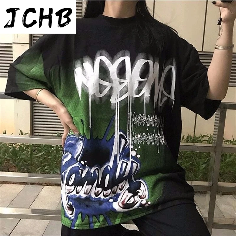 

2021 Summer Women's T-shirt Street Hip Hop Loose Letter Drip Ink Design Spoof Graffiti Short Sleeve Oversize Medium Long Section
