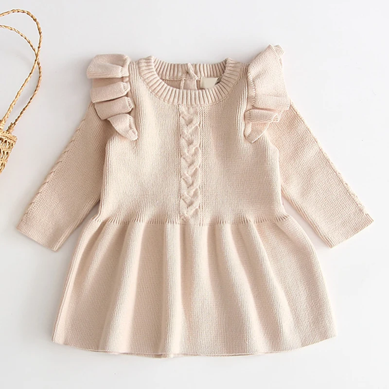 BEIGE-BT112 Зимняя одежда для маленьких девочек; платье; свитер для маленьких девочек; вязаное платье в горошек; свитер для младенцев; вязаные платья для маленьких девочек - Цвет: BEIGE-BT112