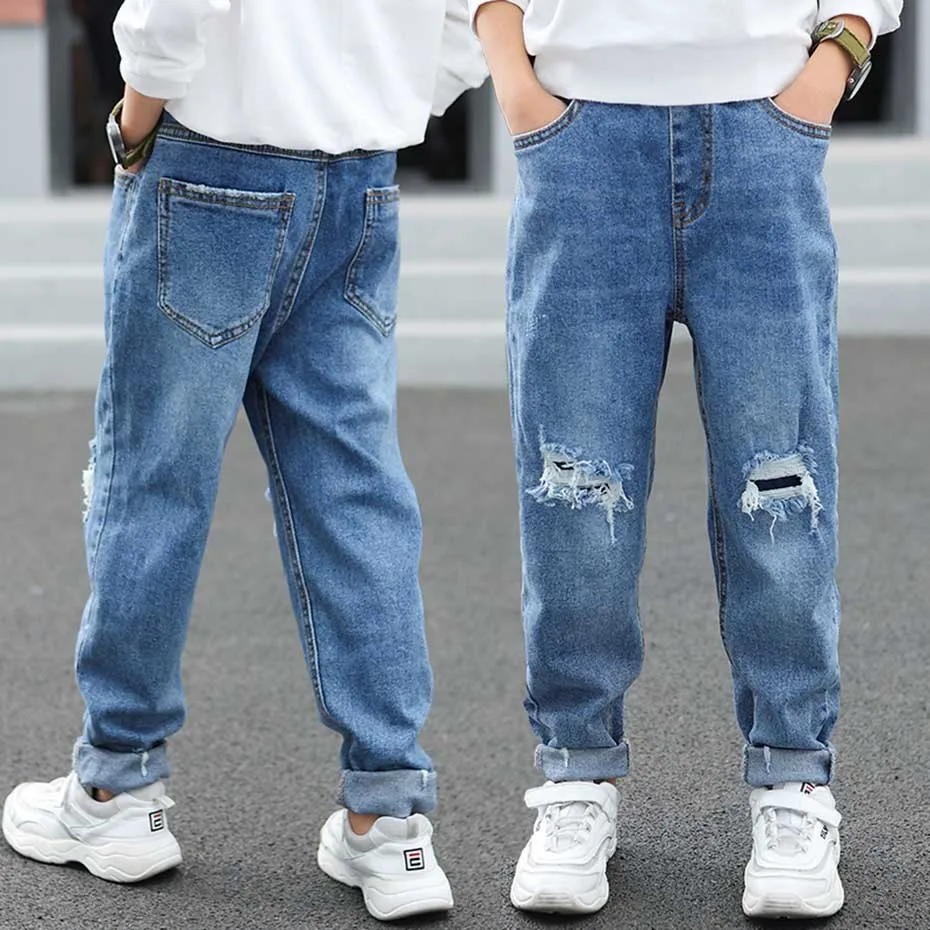 Джинсы с дырками для мальчиков модные штаны эластичным поясом повседневные