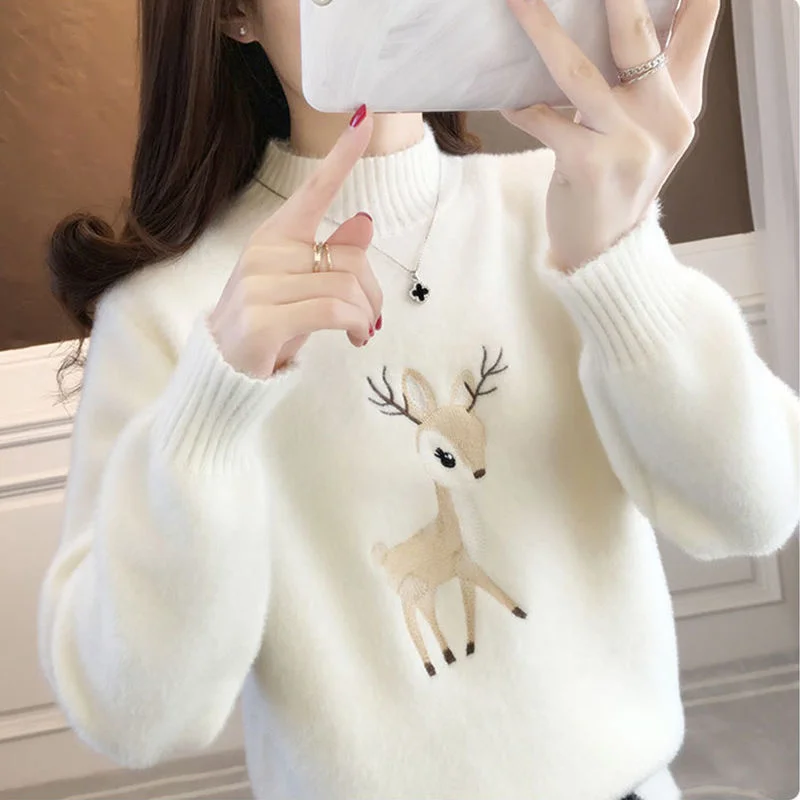 

White Christmas Sweater Women Faux Mink Cashmere Half High Collar Pullover Fleece Winter Clothes Embroidery Deer Warm Jumper