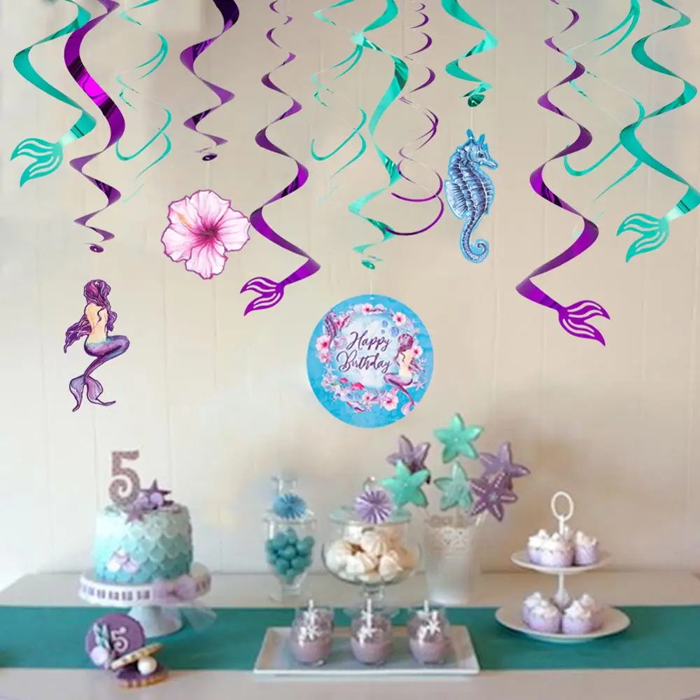 

14pcs Mermaid Party Decorations Mermaid Banner Latex Balloons Pom Poms for Happy Birthday Party Kids Under The Sea Decors