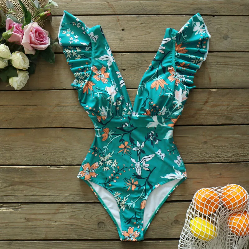 Купальник слитный женский с V-образным вырезом купальник оборками на плечах