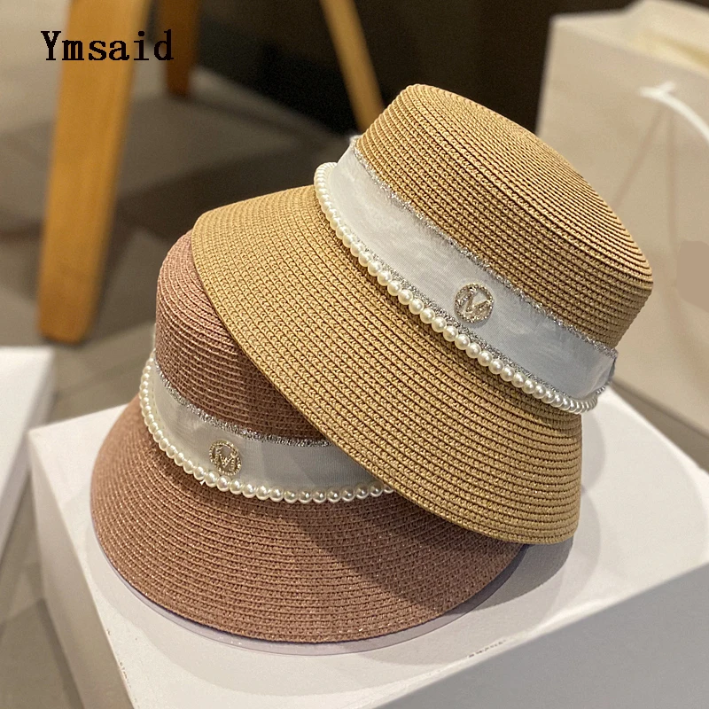 

New Women's Sun Hats Summer Elegant Pearl Bow Straw Hat Fashion Foldable Boater Hat Cap Holiday Audrey Hepburn Beach Hat