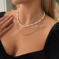 new trend in 2021 european and european bohemian color rice bead choker double layer alloy sexy clavicle necklace for ladies