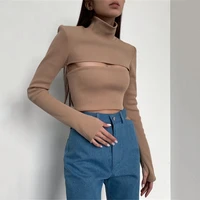 femotwin casual turtleneck knitted sweater long sleeve bodycon pullover sweater top chic solid hollow out top women cloth 2021