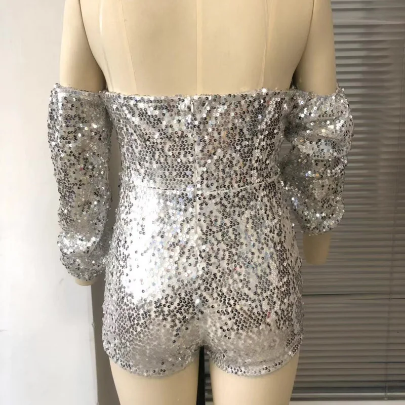 

Mesh Sequin Diamond Playsuit Women Long Sleeve off shoulder Romper exy Club Party Bodycon Mini Jumpsuit
