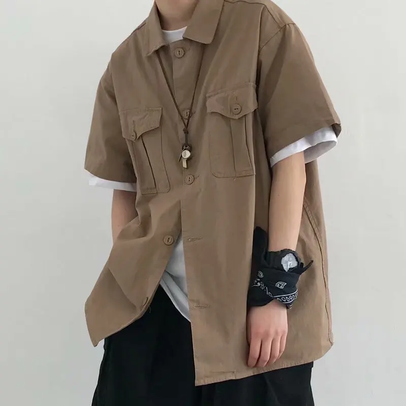 

2021 Summer Japan Men Vintage Style Cotton Overalls Wind Short-sleeved Shirt Jacket Men Casual Loose Shirt Button Up Shirt