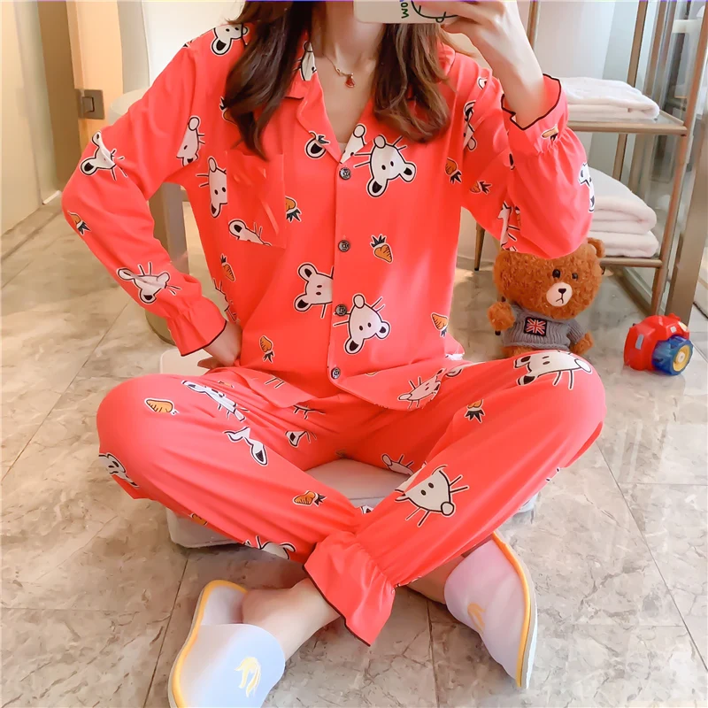 Пижамы для женщин с длинным рукавом в клетку в Корейском стиле розовый Kawaii пижамный комплект размера плюс женская домашняя одежда мягкая с отложным воротником