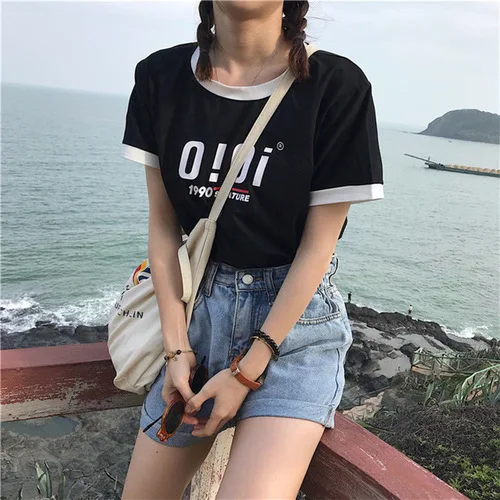 

Letter Printed Causal Patchwork O-neck College Wind 2020 Summer Hot Sale Short Sleeve Female Women Basic Top T-shirts