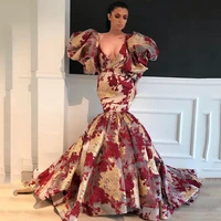 sexy mermaid deep v neck lace floral print dubai formal evening gowns long elegant arabic women evening dress 2020