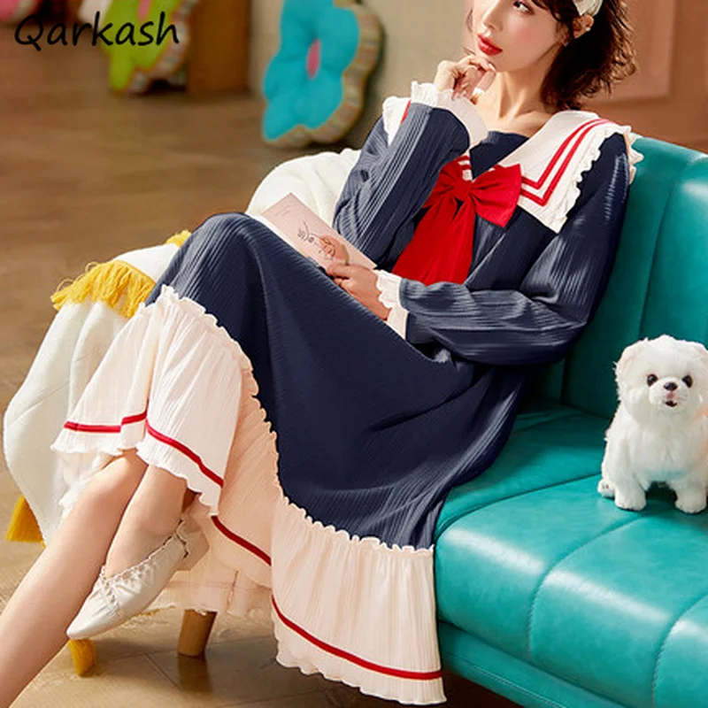 

Nightgowns Women Autumn Cute Fit Ruffles Harajuku Student Princess Style Maiden Sleepwear Patchwork Casual Baggy Fashion Simple