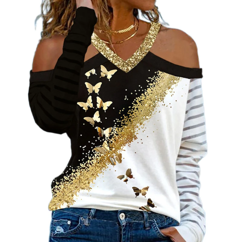 

Sexy Halter V Neck Off Shoulder Butterfly Print T Shirt Women 2021 Trendy Clothes Casual Ladies Tops Long Sleeves Tee Shirts