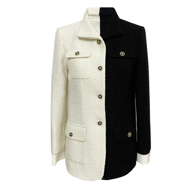 

Black and white stitching color slim suit pocket woolen coat new style 2021 spring temperament women's clothing