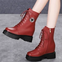 height increasing pumps women genuine leather high heel motorcycle boots female winter round toe fashion sneakers casual shoes