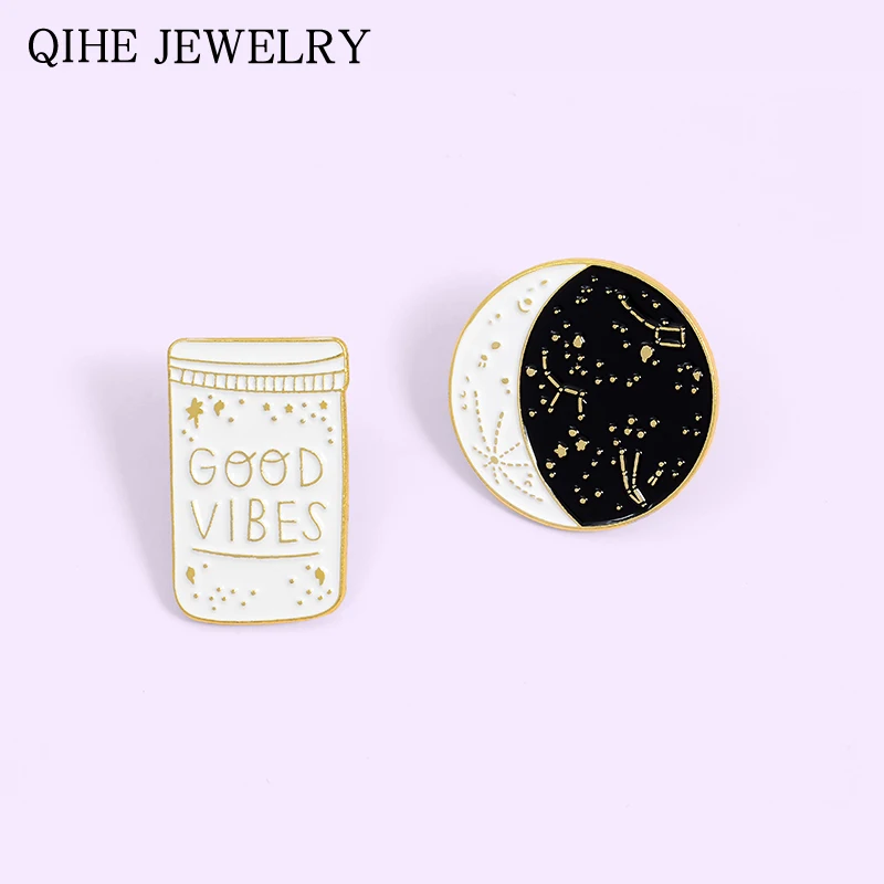 

Cartoon Constellation Moon GOOD VIBES Bottle Brooch White Black Enamel Pins Button Coat Jacket Collar Pin Badge Jewelry Gift
