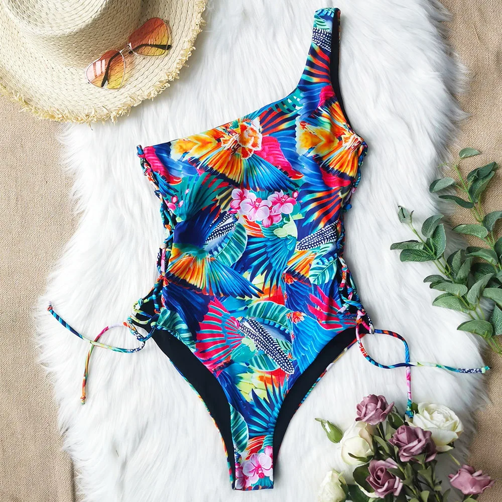 

Printed one shoulder one piece swimsuit new 2021 swimsuit strap sexy swimsuit