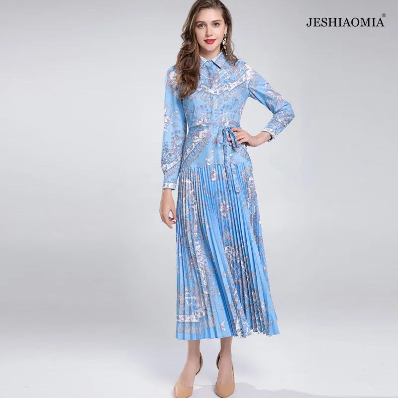 

JESHIAOMIA- 2021 Autumn Spread Collar Pring Long Sleeve Pleated Dress