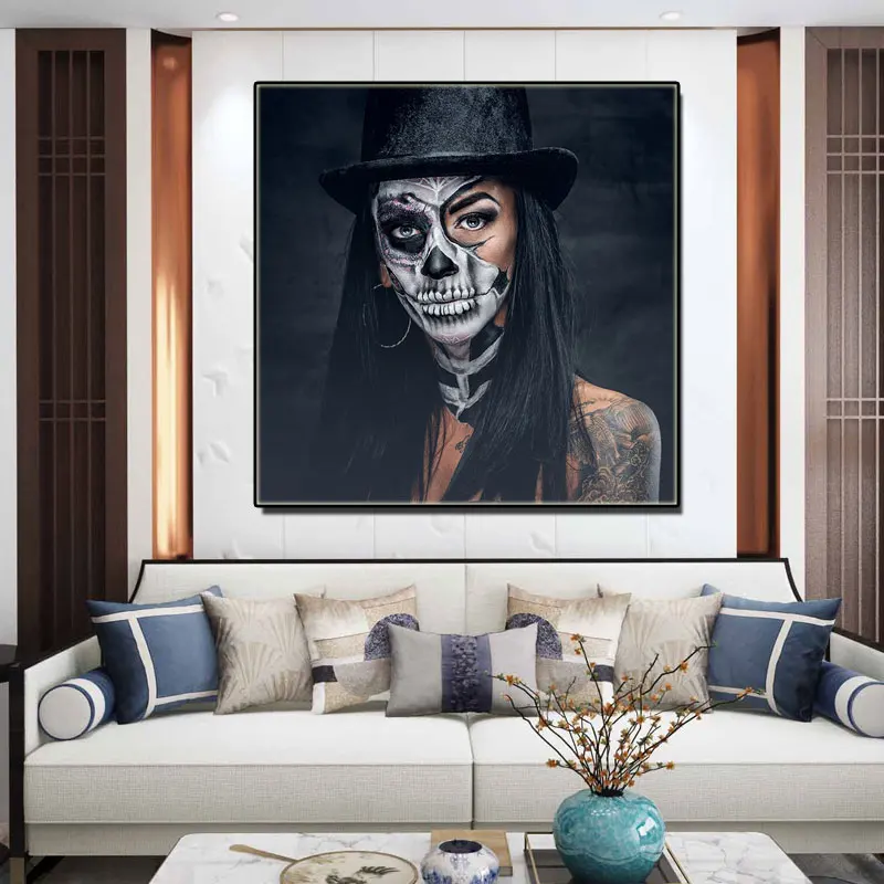 

Black Hat Tattoo Girl Posters and Prints Cool Skull Woman Character Canvas Paniting Sexy Figure Painting Square Picture Decor