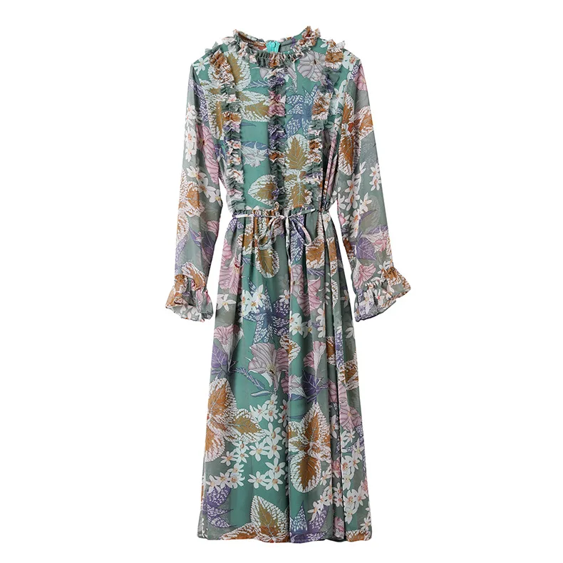 

Female Printing Dress For Spring summer 2021 New Women Lady Printed Ruffled Flared Sleeves Dress Waist Slim Chiffon Midi Skirt