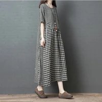 2021 summer new loose large size womens fashion irregular patchwork cotton and linen short sleeve plaid dress