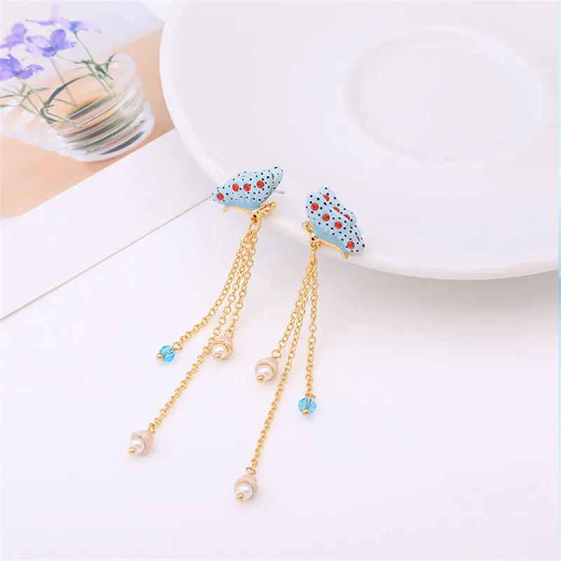 

Hot Pearl Dangle Long Tassel Earrings Handmade Enamel Crystal Blue Orange Butterflys S925 Stud Earrings for Women Party Jewelry