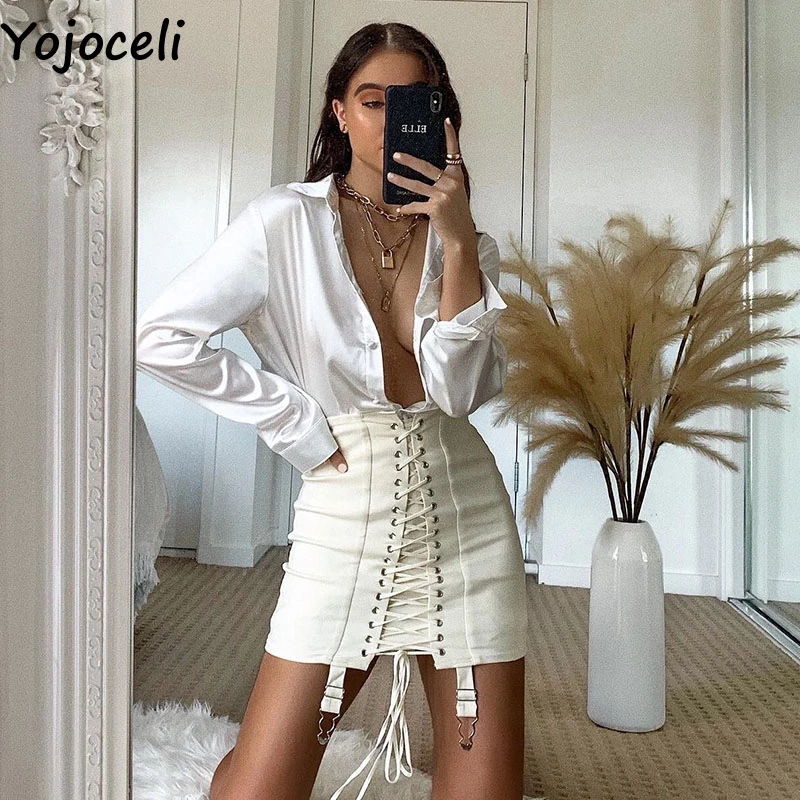 

FAKUNTN Yojoceli Elegant lace up white bodycon skirts womens Autumn short high waist skirt Casual party black female