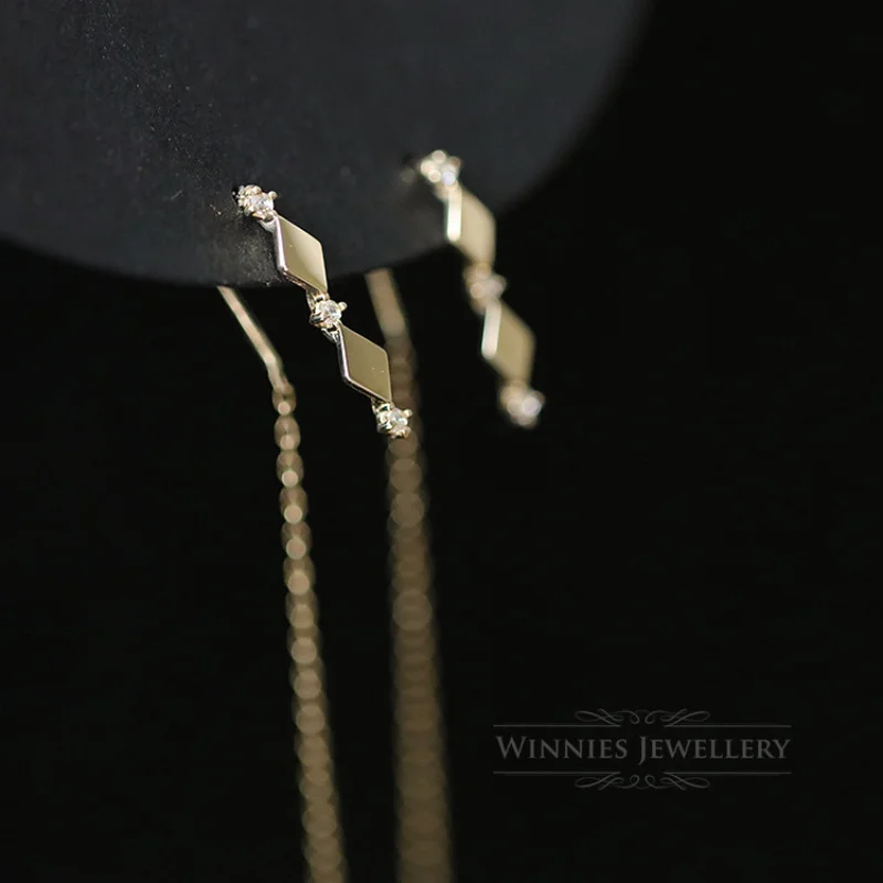 

925 Silver Plated 14K Gold Earrings Diamond-Shaped Diamond-Separated Tassels French Retro Long Earrings Classic Party Jewelry