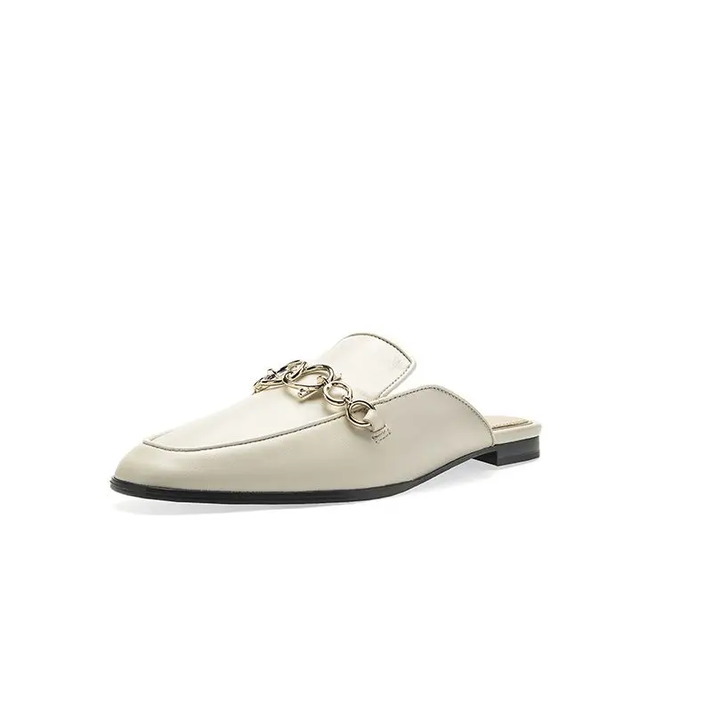 

2021 Summer Elegant Women's Slippers Fashion New Metal Chain Decoration Flat Heels Slides Pumps Round Toe Ladies Shoes