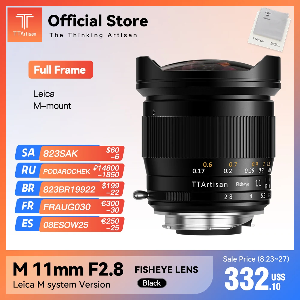 Объектив рыбий глаз TTArtisan 11 мм F2.8 с полной известностью для камер Leica M образным