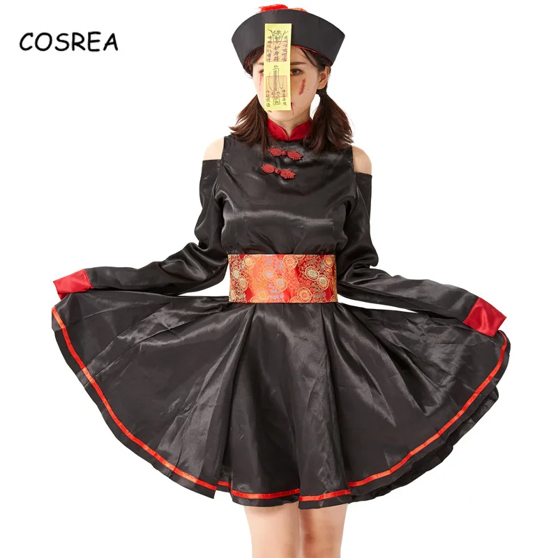 

Страшный костюм для косплея зомби на Хэллоуин, ретро-костюм вампира с вышивкой, черное платье, пояс, шляпа, полный комплект, наклейка с зомби ...