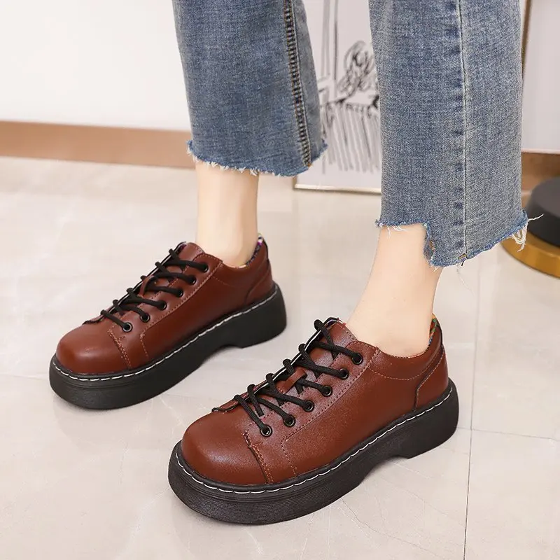

Thick Bottom Platform Oxford Shoes for Women Solid Leather Casual Shoes Woman Flats Lace Up Plus Size New Spring Brogues Shoes