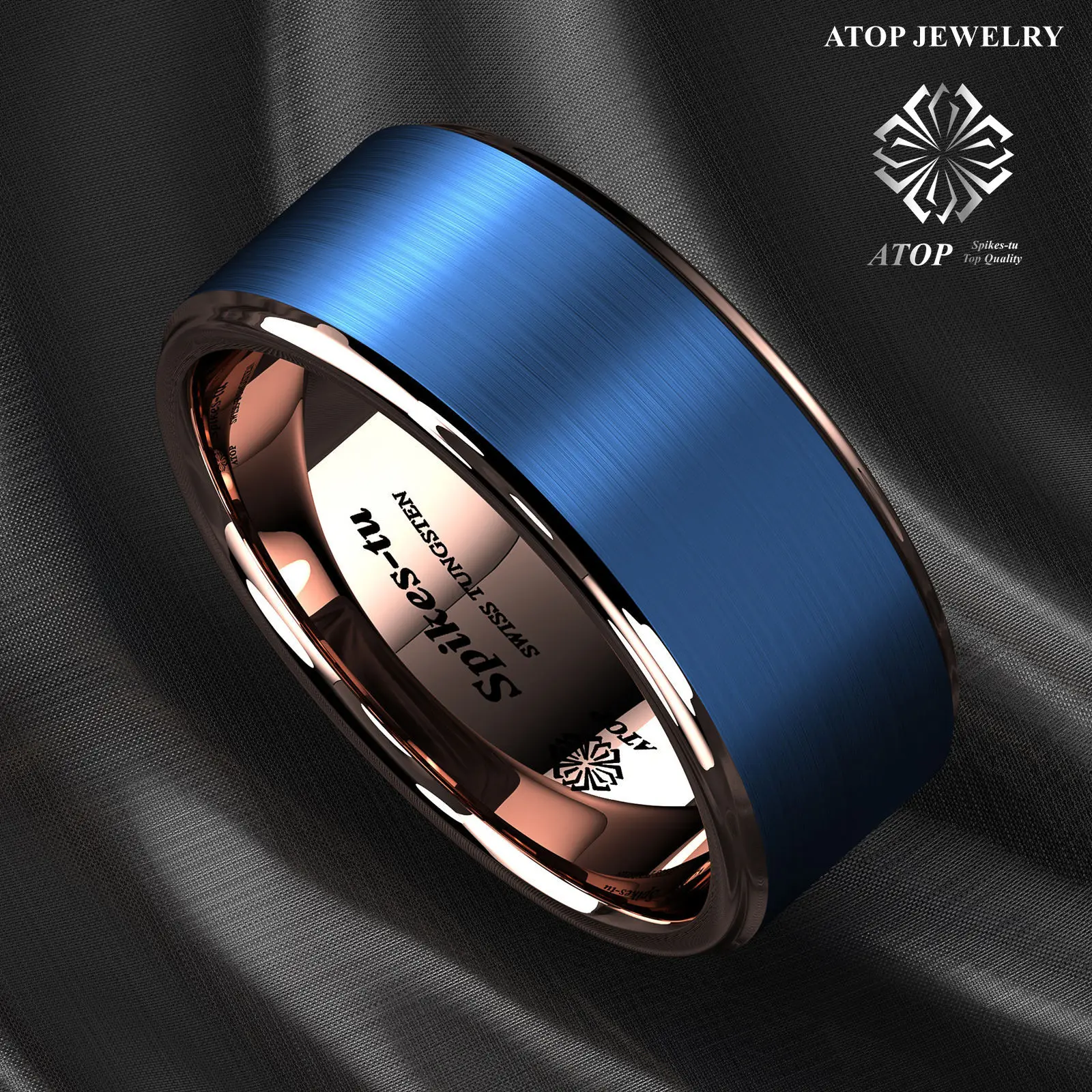 

8mm Blue Tungsten Carbide Ring Rose Gold Brushed Wedding Band ATOP Men Jewelr