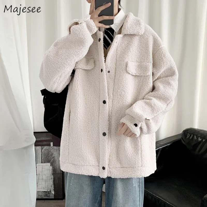 

Lambswool Parkas Men Handsome Warm Single Breasted Coats Winter Solid Turn-down Collar Fleece Casual Loose Streetwear Parka Man