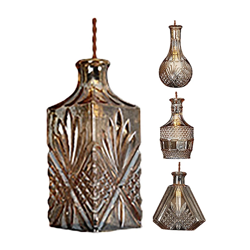 

Retro Adjustable Cable Decanter Glass Bottle Pendant Light Chandelier Fixtures Carved Glass Pendant Light