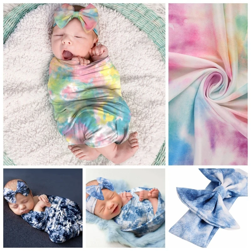 

2 Pcs Newborn Baby Receiving Blanket Headband Set Infant Gradient Color Swaddle Wrap Sleeping Bag Hair Band Kits