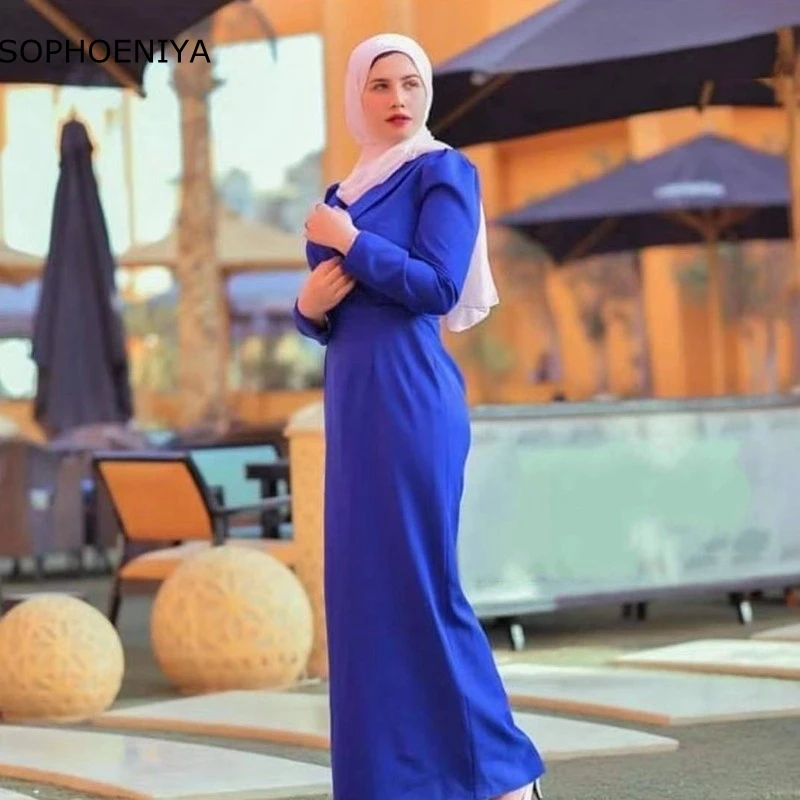 

New Arrival Royal Blue Long sleeve Evening dresses 2023 Muslim dress women High Neck Evening gowns Robe de soirée femme