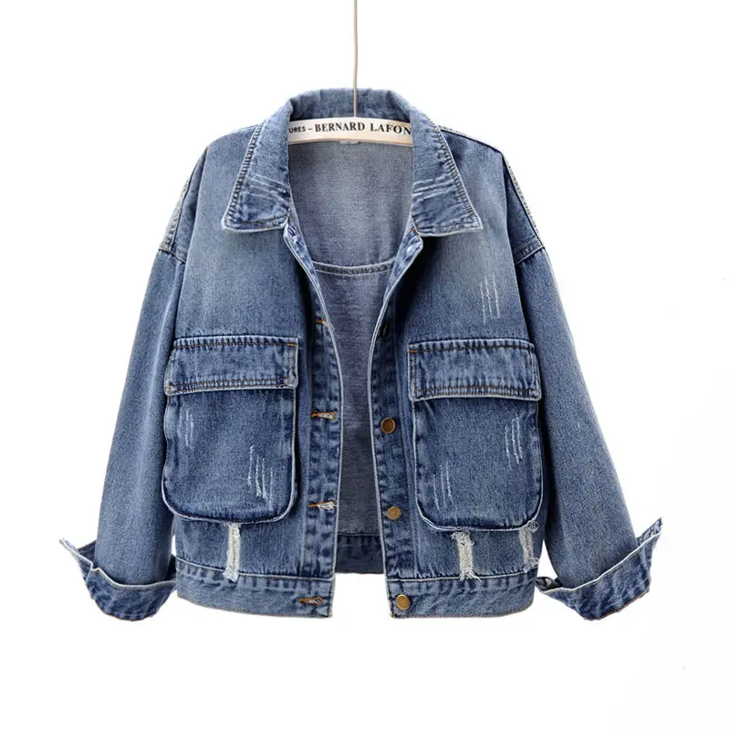 

2021 Plus Size 5XL Denim Jacket Women Casual Short Jean Coat Streetwear Vintage Autumn Female Long Sleeve Loose Outerwear Z533