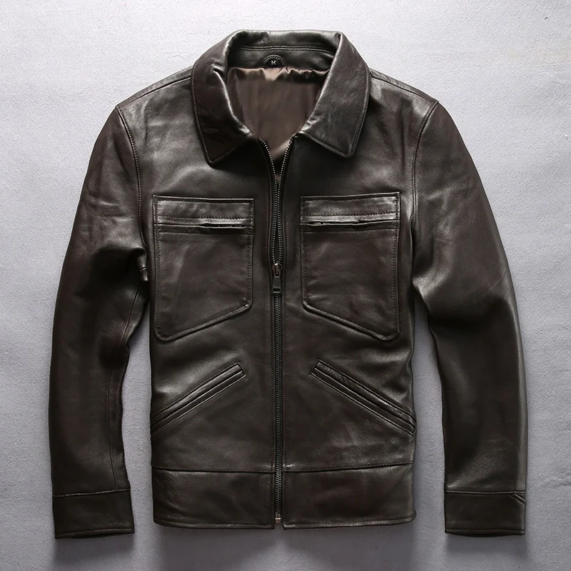 

style Business slim fit real leather jacket men brown sheepskin casual leather coat for men four pockets smooth leather jacket