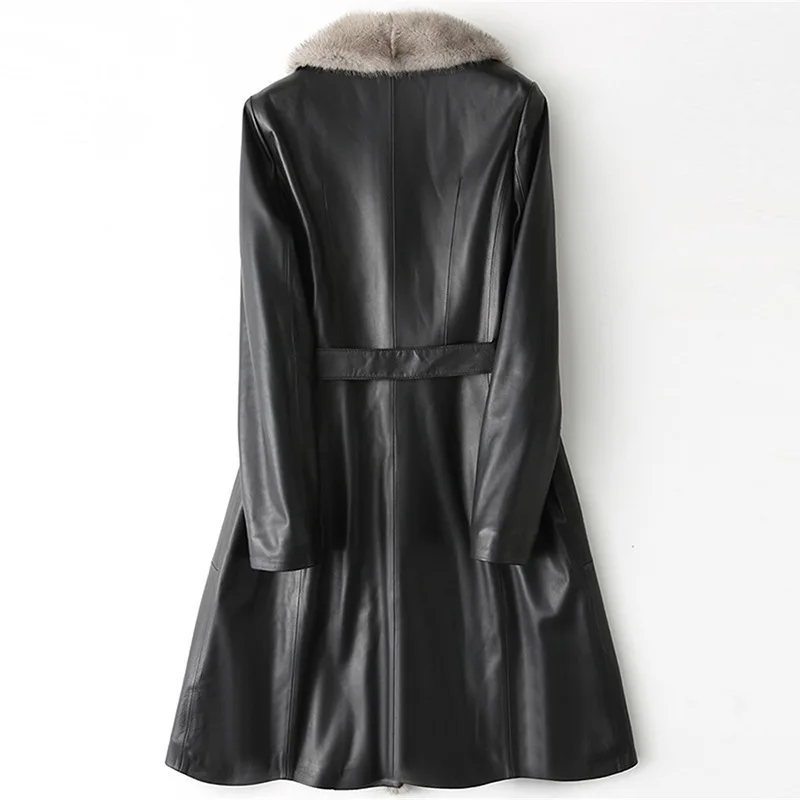 New Classic Women Genuine Leather Coats Sheep Mink Fur Hair Winter Quilted Overcoats Black Long Sashes Warm Slim Female Outwear