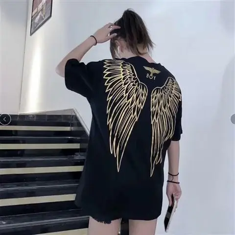

[pure cotton] gilded eagle wings printed summer fashion brand short sleeve T-shirt loose student Fashion Top Female