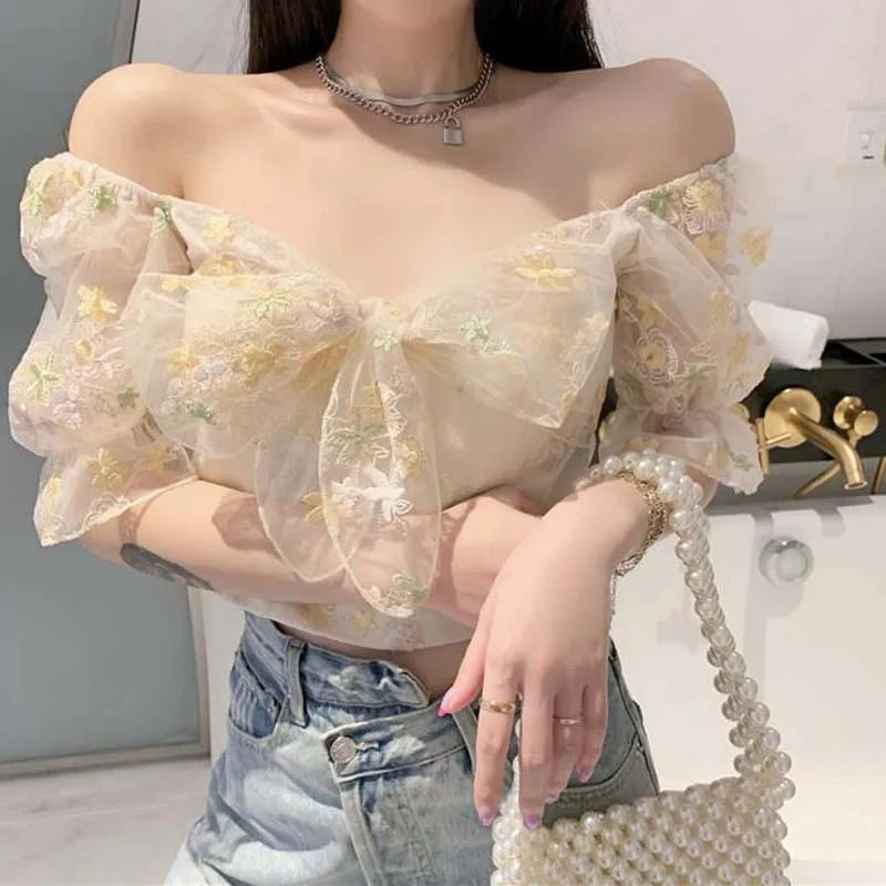 

French Floral Dress Women Sweet Sexy Puff Sleeve Lace Chiffon Print Mini Dresses Summer Korean Style Vintage Fairy Dress 2021