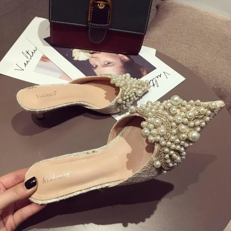 

Spring 2019 thin heel middle heel Beaded Rhinestone pointed slipper with pearl decoration lace low heel high heel
