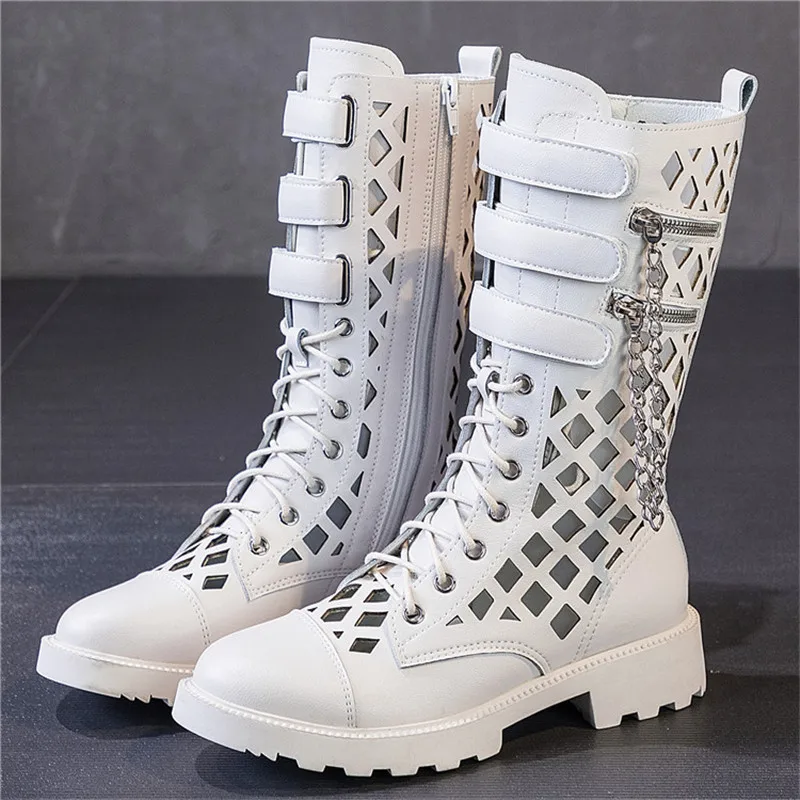 Стильные летние женские ботинки с высоким берцем Кожаные мотоциклетные