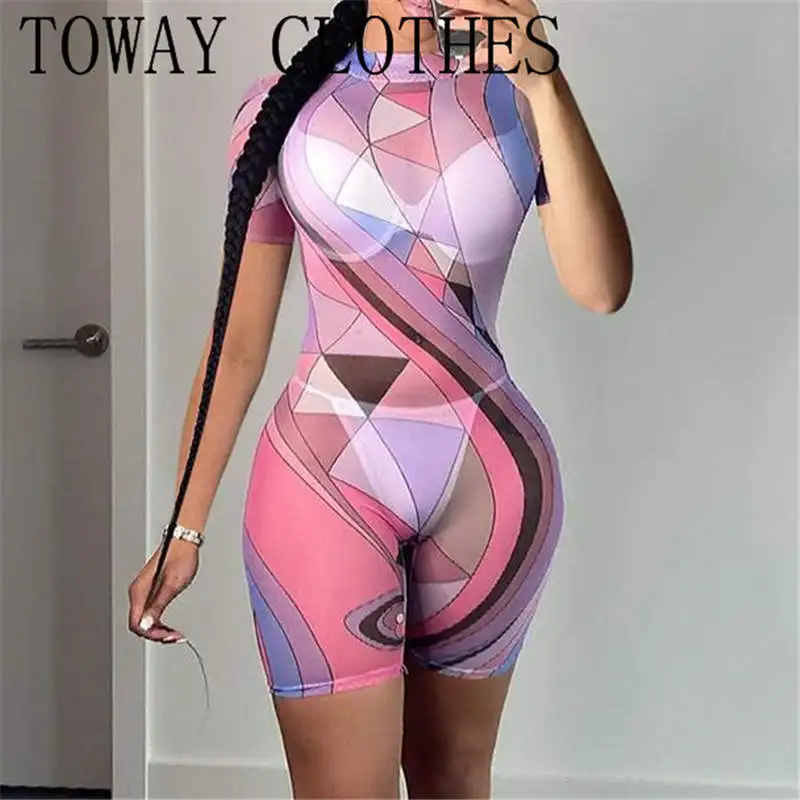 

Summer Women O-neck Colorblock Sheer Mesh Short Sleeve Skinny Romper