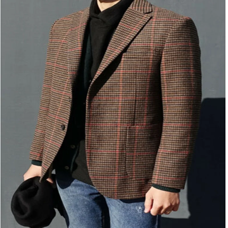 2020 коричневые шерстяные костюмы с узором в елочку для мужчин винтажный твидовый