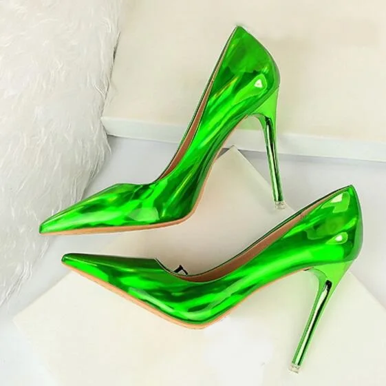 

Fluorescent Silver Stiletto Heels Pumps Iridescent Pointed Toe Shallow Dress Shoes Patent Leather Wedding Shoes Bride Size 45