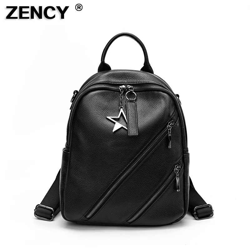 

ZENCY 2022 Fashion 100% Genuine Cow Leather Youth Girl Women Backpack Lady Real Top Layer Cowhide Book Bag Style Knapsack Bags