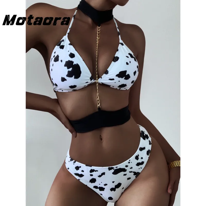 

New Cow Pattern Bandage Swimsuit Women Backless Two Pieces Swimwear Push Up Bathing Suit Sexy Halter Chain Brazilian Bikini Set