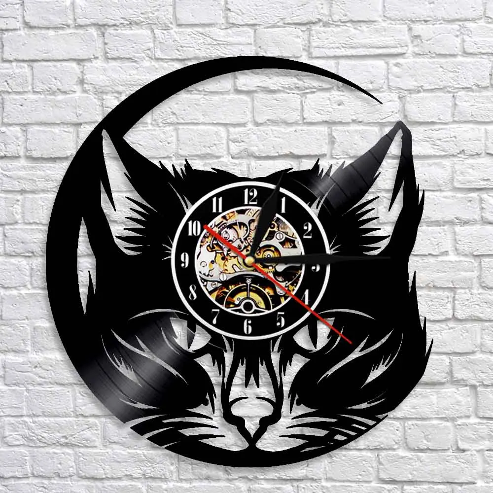 Настенные часы с изображением головы кошки Meow, Черный кот, Виниловая пластинка, часы, настенные художественные, кошачий магазин, Декор, винтажные животные, кот, любовник, часы для оформления дома